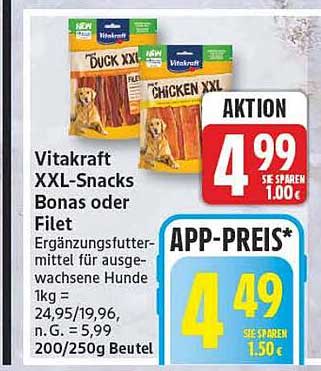 Vitakraft XXL-Snacks Bonas oder Filet Ergänzungsfuttermittel für ausgewachsene Hunde 1kg = 24,95/19,96, n. G. = 5,99 200/250g Beutel
