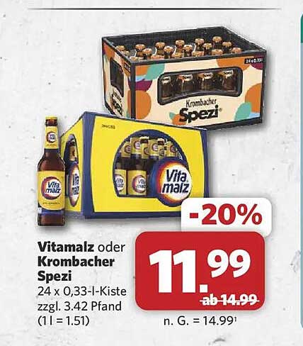 Vitamalz oder Krombacher Spezi 24 x 0,33-l-Kiste zzgl. 3.42 Pfand (1 l = 1.51)