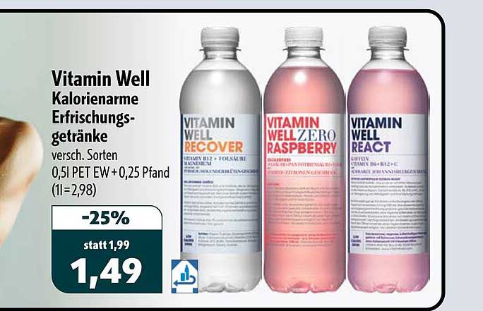 Vitamin Well Kalorienarme Erfrischungsgetränke versch. Sorten 0,5l PET EW+ 0,25 Pfand (1l = 2,98)