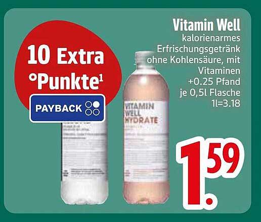 Vitamin Well kalorienarmes Erfrischungsgetränk ohne Kohlensäure, mit Vitaminen +0.25 Pfand je 0,5 l Flasche 1l=3.18