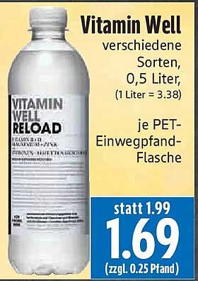 Vitamin Well verschiedene Sorten, 0,5 Liter, (1 Liter = 3.38) je PET-Einwegpfand-Flasche