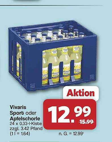 Vivaris Sport oder Apfelschorle 24 x 0,33-l-Kiste zzgl. 3,42 Pfand (1 l = 1.64)