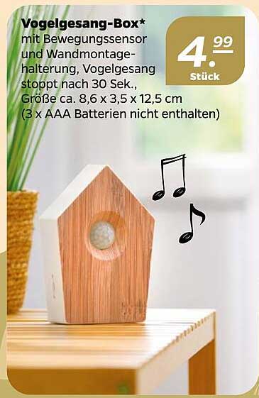 Vogelsgesang-Box* mit Bewegungssensor und Wandmontage-halterung, Vogelgesang stoppt nach 30 Sek., Größe ca. 8,6 x 3,5 x 12,5 cm (3 x AAA Batterien nicht enthalten)