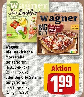 Wagner Die Backfrische Mozzarella tiefgefroren, je 350-g-Packg. (1 kg = 5.69) oder Big City Salami tiefgefroren, je 415-g-Packg. (1 kg = 4.80)