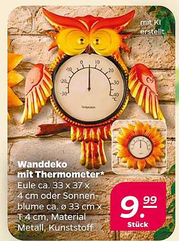 Wanddeko mit Thermometer* Eule ca. 33 x 37 x 4 cm oder Sonnenblume ca. 33 cm x T 4 cm, Material Metall, Kunststoff