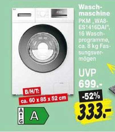 Waschmaschine PKM, WA8-ES1416DAI, 16 Waschprogramme, ca. 8 kg Fassungsvermögen