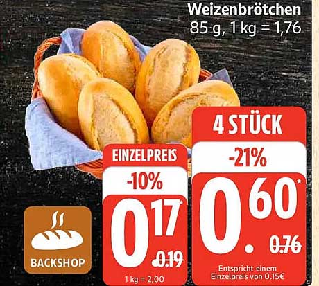 Weizenbrötchen 85 g, 1 kg = 1,76