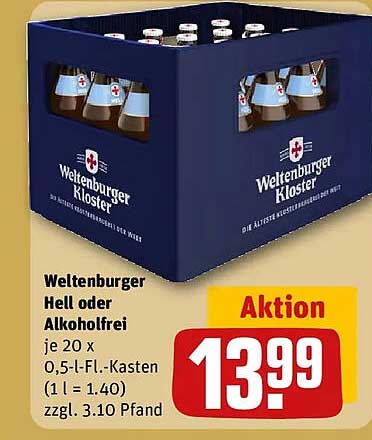 Weltenburger Hell oder Alkoholfrei je 20 x 0,5-l-Fl.-Kasten (1 l = 1,40) zzgl. 3,10 Pfand