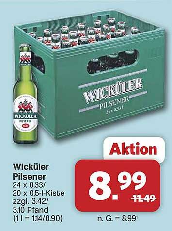 Wicküler Pilsener 24 x 0,33l / 20 x 0,5-l-Kiste zzgl. 3,42? 3,10 Pfand (11 = 1.14/0.90)