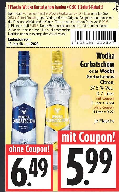 Wodka Gorbatschow oder Wodka Gorbatschow Citron, 37,5 % Vol., 0,7 Liter