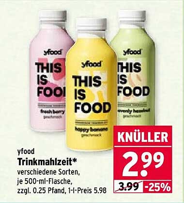 yfood Trinkmahlzeit* verschiedene Sorten, je 500-ml-Flasche, zzgl. 0.25 Pfand, 1-l-Preis 5.98