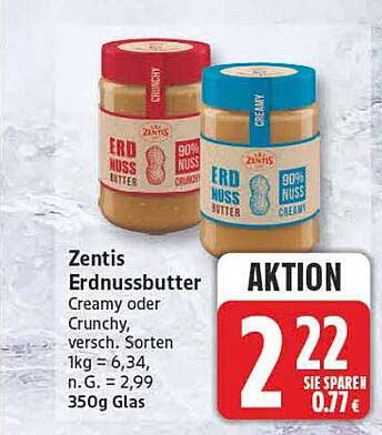 Zentis Erdnussbutter Creamy oder Crunchy, versch. Sorten 350 g Glas
