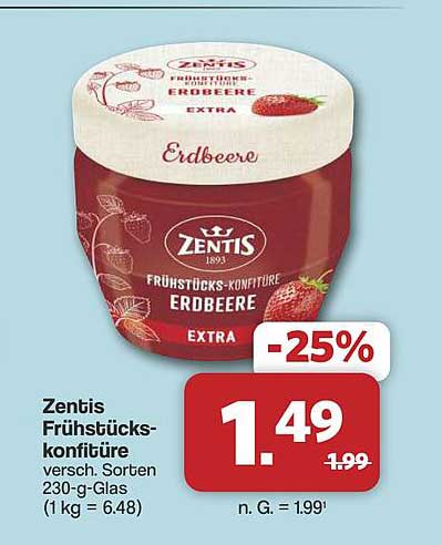 Zentis Frühstückskonfitüre versch. Sorten 230-g-Glas (1 kg = 6.48)