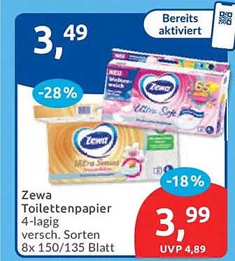 Zewa Toilettenpapier 4-lagig versch. Sorten 8x 150/135 Blatt