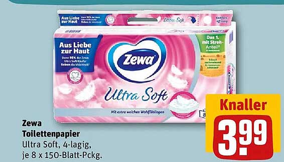 Zewa Toilettenpapier Ultra Soft, 4-lagig, je 8 x 150-Blatt-Pckg.