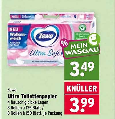 Zewa Ultra Toilettenpapier 4 flauschig dicke Lagen, 8 Rollen à 135 Blatt / 8 Rollen à 150 Blatt, je Packung