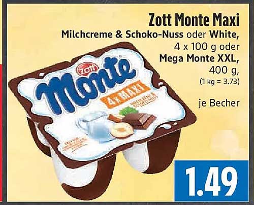 Zott Monte Maxi Milchcreme & Schoko-Nuss oder White, 4 x 100 g oder Mega Monte XXL, 400 g, (1 kg = 3.73) je Becher