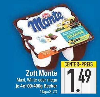 Zott Monte Maxi, White oder mega je 4x100/400g Becher 1kg=3.73