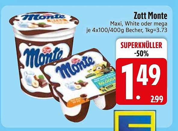 Zott Monte Maxi, White oder mega je 4x100/400g Becher, 1kg=3.73