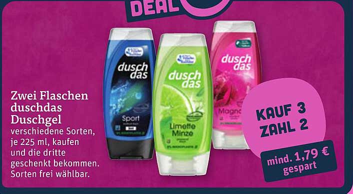 Zwei Flaschen duschdas Duschgel verschiedene Sorten, je 225 ml, kaufen und die dritte geschenkt bekommen. Sorten frei wählbar.