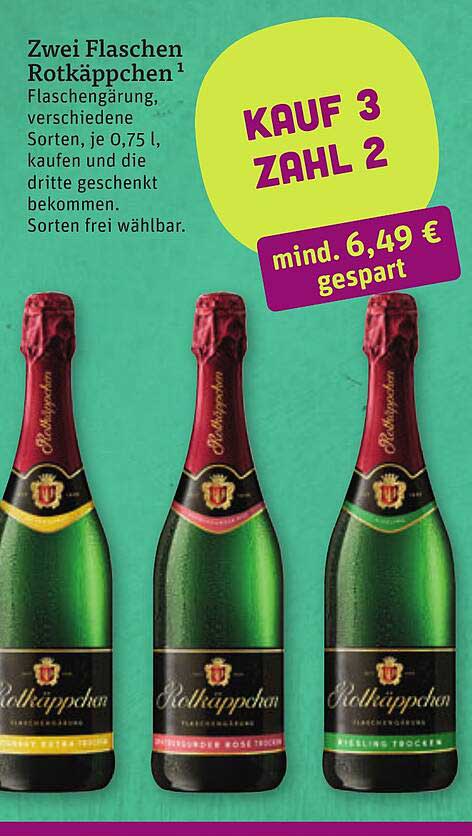 Zwei Flaschen Rotkäppchen Flaschengärung, verschiedene Sorten, je 0,75 l, kaufen und die dritte geschenkt bekommen. Sorten frei wählbar.