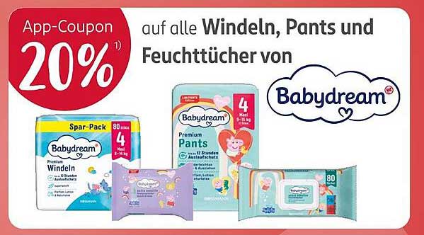 20% Rabatt auf alle Windeln, Pants und Feuchttücher von Babydream