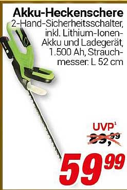 Akku-Heckenschere 2-Hand-Sicherheitsschalter inkl. Lithium-Ionen-Akku und Ladegerät, 1.500 Ah, Strauchmesser: L 52 cm