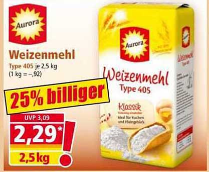 Aurora Weizenmehl Type 405 2,5 kg - 25% günstiger!