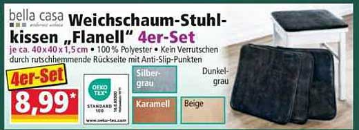 bella casa Weichschaum-Stuhlkissen „Flanell“ 4er-Set