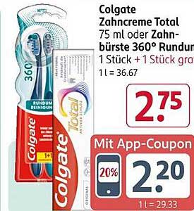 Colgate Zahnpasta Total 75 ml oder Zahnbürste 360° Rundum – 1 Stück + 1 Stück gratis