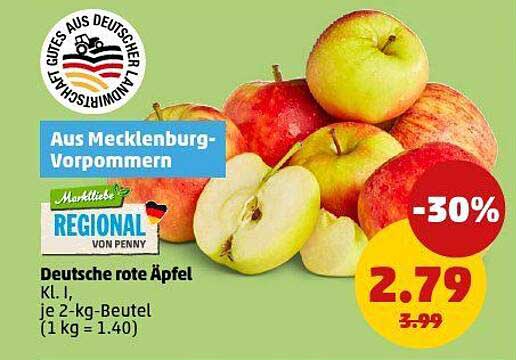 Deutsche rote Äpfel KL. I, je 2-kg-Beutel (1 kg = 1,40)
