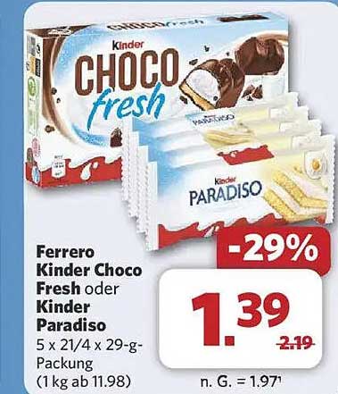 Ferrero Kinder Choco Fresh oder Kinder Paradiso 5 x 21/4 x 29-g Packung