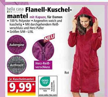 Flanell-Kuschelmantel mit Kapuze für Damen