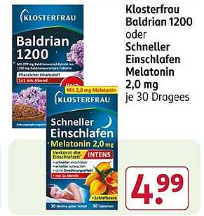 Klosterfrau Baldrian 1200 oder Schneller Einschlafen Melatonin 2,0 mg je 30 Dragees
