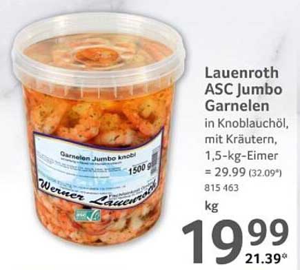 Lauenroth ASC Jumbo Garnelen in Knoblauchöl, mit Kräutern, 1,5-kg-Eimer