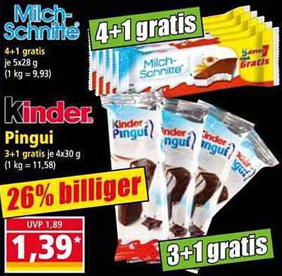 Milch-Schnitte 4+1 gratis & Kinder Pingui 3+1 gratis