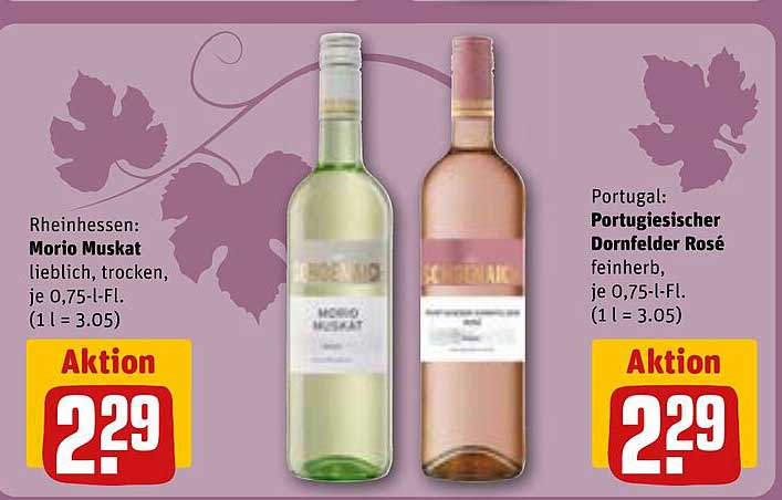 Morio Muskat lieblich, trocken und Dornfelder Rosé feinherb, je 0,75 l-Fl.