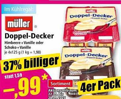 müller Doppel-Decker Himbeere + Vanille oder Schoko + Vanille 4er Pack