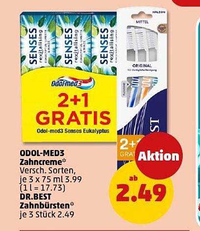 ODOL-MED3 Zahnpasta 3 x 75 ml und DR.BEST Zahnbürsten 3 Stück