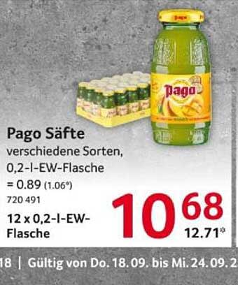 Pago Säfte verschiedene Sorten, 0,2-l-EW-Flasche