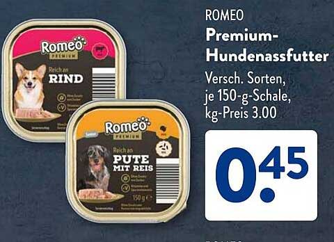 ROMEO Premium-Hundenassfutter, 150-g-Schale, Rind und Pute mit Reis