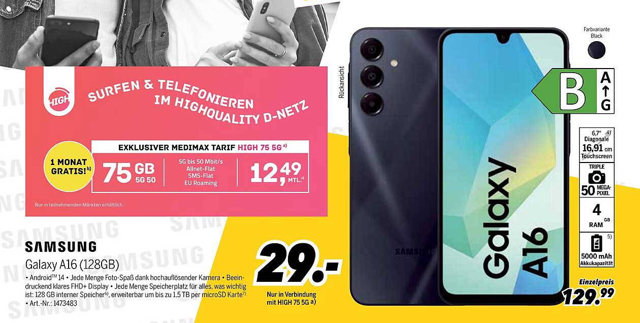 Samsung Galaxy A16 (128GB) mit HIGH Tarif 75 5G