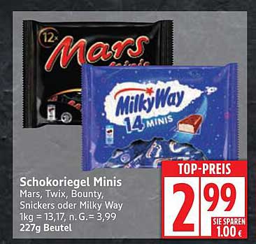 Schokoriegel Minis - Mars, Twix, Bounty, Snickers oder Milky Way 227g Beutel