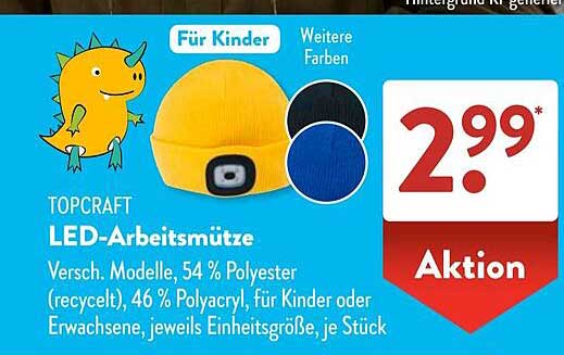 TOPCRAFT LED-Arbeitsmütze für Kinder und Erwachsene