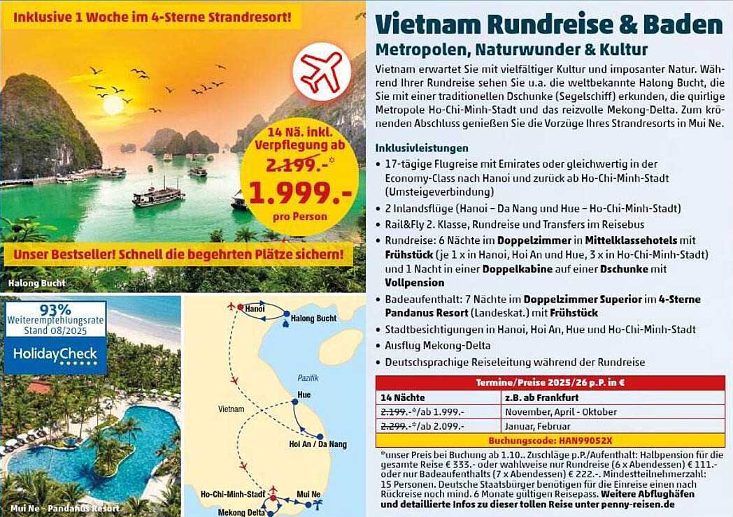 Vietnam Rundreise & Baden – Metropolen, Naturwunder & Kultur