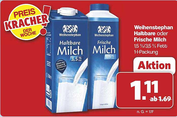 Weihenstephan Haltbare oder Frische Milch 1,5%/3,5% Fett 1l-Packung