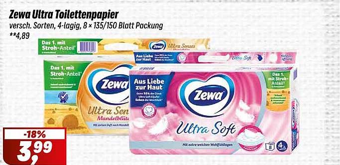 Zewa Ultra Toilettenpapier - verschiedene Sorten, 4-lagig, 8 x 135/150 Blatt Packung
