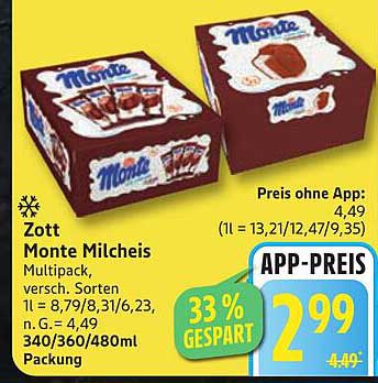 Zott Monte Milcheis Multipack, verschiedene Sorten
