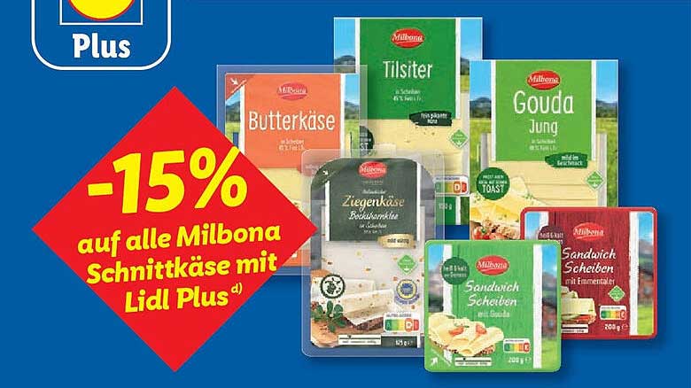 -15% auf alle Milbona Schnittkäse mit Lidl Plus