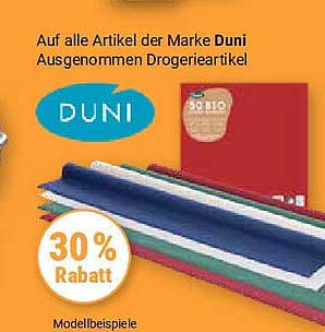30% Rabatt auf alle Artikel der Marke Duni, ausgenommen Drogerieartikel
